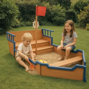 Bac à sable bateau pirate en bois 190x94.5 cm – Jeu extérieur créatif 3-9 ans