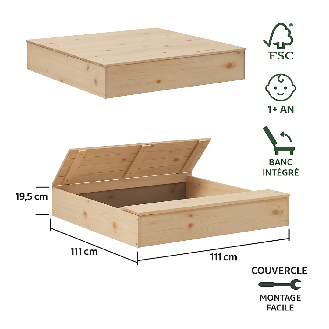 Bac à sable en bois massif avec couvercle – Éveil Montessori pour enfants de 1 à 6 ans au jardin – Image 6