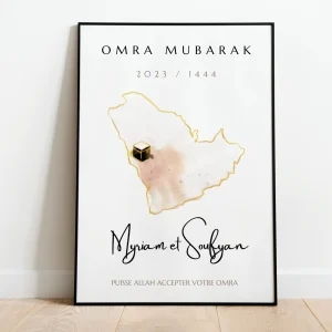 Affiche Omra Mubarak en forme de carte avec Kaaba