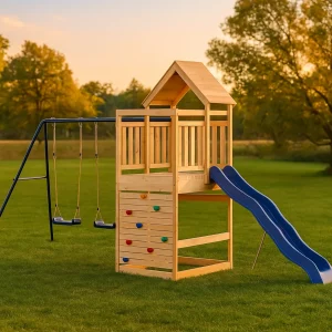 Balançoire double avec Toboggan Tour Maison/Cabane et Mur d’escalade – Enfant 3-8 ans - Aire de jeux Montessori en bois - Joie au jardin - Livraison Rapide